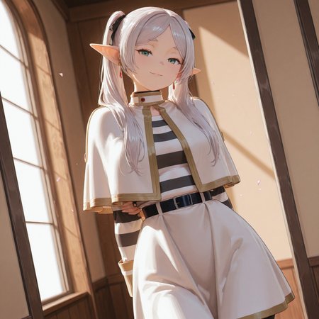 masterpiece,best quality,amazing quality,solo, 1girl, grey hair, long hair, green eyes, twintails, parted bangs, earrings, pointy ears,FrierenCasual, striped shirt, white capelet, black belt, white skirt, long sleeves, black pantyhose,cute,sakura,flower petals,wind,gentle smile,volumetric lighting,ovstyle