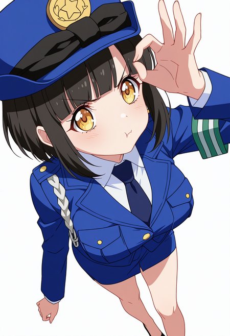 Smooth Quality,masterpiece,very intricate, high quality details, ultra realistic, high detailed skin,detailed enviorement,absurdres,
ok sign ,
 <lora:Tachibana_Mei_CNR:0.8> mei_cnr,  black hair, short hair, bob cut, blunt bangs, yellow eyes, large breasts,mei_cnr_def, 1girl,police uniform, blue jacket, shirt, collared shirt, pencil skirt, blue necktie, armband, police hat, breast pocket,black footwear,, pout,, simple background, white background, dutch angle,solo,