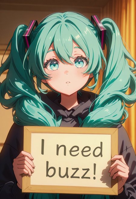 score_9, score_8_up, score_7_up, score_6_up,Enchanting Eyes, LDSCH Style, aesthetic, absurdres, beautiful, highres, detailed eyes,
Solo, 1girl,Hatsune Miku,((long twin tails hair)), tourquese eyes,  tourquese hair, need_buzz, holding sign,