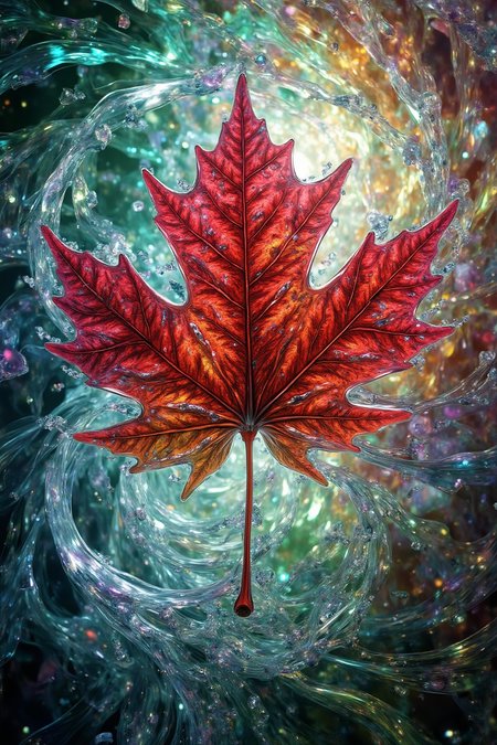 Acrylic, Translucent style, A single crimson maple leaf, spiraling in a maelstrom of fractal winds, captured with breathtaking hyper detail. The scene explodes in a riot of vibrant, otherworldly hues â emerald, sapphire, amethyst â swirling and fracturing into an intricate, kaleidoscopic pattern. Light fractures and refracts through the leaf's delicate veins, casting an ethereal glow. A feeling of fleeting beauty and boundless energy permeates the composition, as if the wind itself is a living entity, breathing life into the dance of color and form. The background dissolves into a shimmering nebula of fractal geometry, hinting at the infinite depths of the unseen universe.