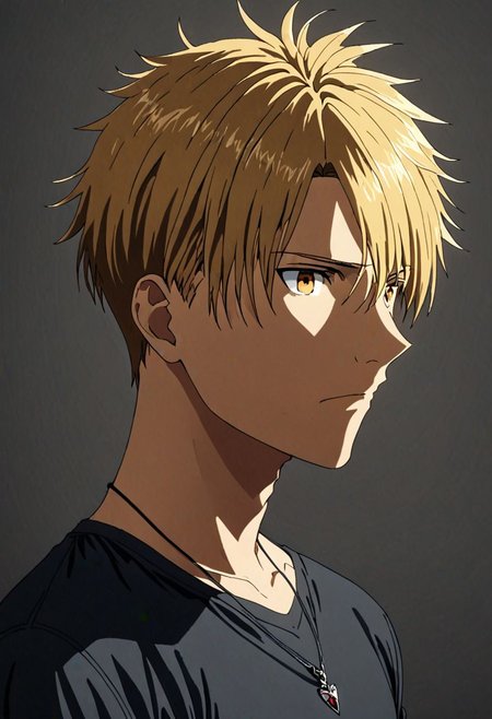 high resolution, solo, best quality, 1Boy, Yamato Ishida, Blond Hair, Necklace, potrait, dark shirt, looking at viewer, focused gaze forward, simple background, straight body, upper body, head upright, love, OverallDetail