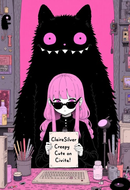 cr33p, wide shot of a ultra cool mysterious goth girl with pink hair wearing black sunglasses, sitting at a computer in a tech infused bedroom, a black spirit monster stands behind her, she is holding a sign that reads, "ClaireSilver CreepyCute Lora on Civitai!", bright color scheme, key visual, vibrant, studio anime, highly detailed