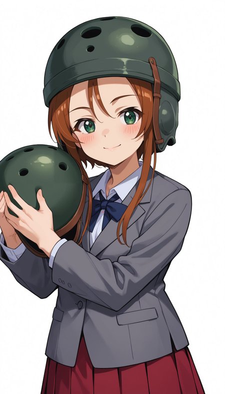 score_9, score_8_up, score_7_up, source_anime, outdoors,
 <lora:GUPHelmet:1>, GUPHelmet, 1girl, red skirt, long sleeves, smile, grey jacket, white background, looking at viewer, green eyes, school uniform, simple background, blazer, brown hair, white shirt, pleated skirt, blush, holding helmet, short hair with long locks, closed mouth, standing, open jacket, open clothes, dress shirt, collared shirt, sidelocks, cowboy shot