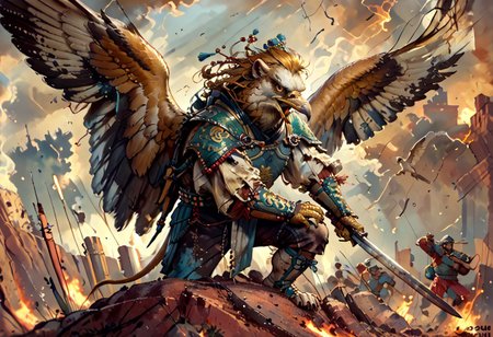solo, norman rockwell style, pinup, solo, Sunshiu Style, source_anime, griffin, XUER guan yu, Gryphon, beak, wings, furry, furry male, bird, 1boy, anthro, lion, wings, traditional Chinese armor, jade jewelry, wielding sword, growling, growl, fierce, drum on his back, combat stance, at the ready, en garde, battlefield, smoke, ash, fire, dirt, barricades, soldiers, day, noon
