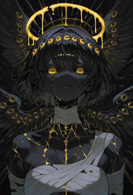1 girl , black sclera , yellow eye , black skin , bandaged body , halo , (glowing halo) , dripping halo , cracked skin , gold ingot ,  looking at viewer , eye wings , extra eyes ,
masterpiece, best quality, good quality, very awa , newest , highres , absurdres , 7481llu , bl4ckb0x_style , Shiun_(siun_5513) , abstract background , abstract ,