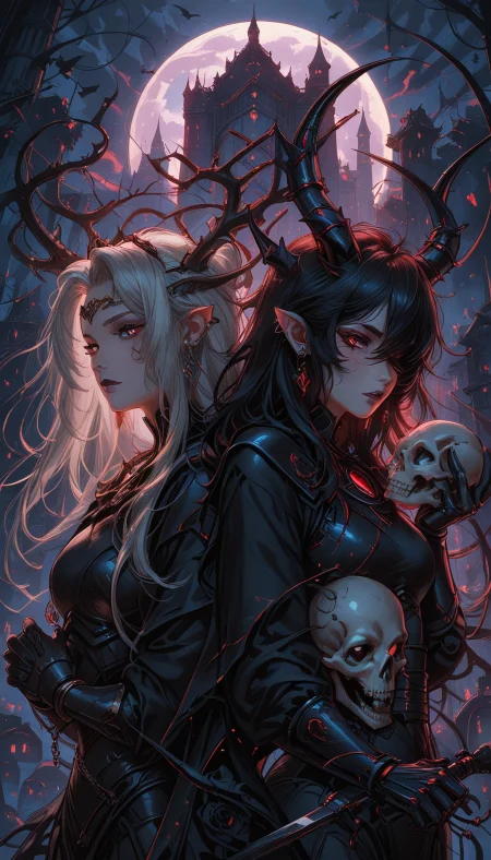 masterpiece, Shinkaistyle, STYLE_PONYXL_guweiz_ownwaifu,
pinkretroanime, retro art,
Cyberpunk Style, cyberpunk, science fiction, hi tech, future tech, neon, (Cybernetics:1.25), (Neon Cityscape:1.4), (lineless:1.5), smooth edges, (lighten the face:1.5), tall body, slender body, fit body, long legs, In the eerie expanse of a night-soaked forest, two central characters stand as the focal point of this haunting tableau. The character on the left is garbed in tattered black robes, their face obscured by a skull mask, adding to the macabre atmosphere. They clasp a large, menacing knife with an expression of malicious intent. To their right, another character exudes an air of ancient sorcery. Dressed in elaborate armor that seems to be crafted from bone and horn, they wield a staff adorned with skulls and a banner bearing the sinister symbol of a castle, suggesting a connection to dark lore or a lost kingdom. The background is a grotesque tapestry of twisted trees and gnarled roots, their silhouettes stark against the moonlit sky. Dark, ominous shadows cast by the characters' costumes and armor intensify the foreboding mood. The forest floor is scattered with fallen leaves, hinting at the passing of autumn. The overall color palette is dominated by dark blues and blacks, punctuated by the eerie glow of moonlight filtering through the canopy of branches overhead. A soft mist rises from the ground, adding a dreamlike quality to this nocturnal scene. The composition and elements in this image evoke a sense of unease and ancient evil., long hair, breasts, looking at viewer, bangs, multiple girls, black hair, hair ornament, red eyes, gloves, long sleeves, dress, holding, 2girls, animal ears, hair between eyes, jewelry, medium breasts, closed mouth, standing, upper body, weapon, flower, white hair, grey hair, earrings, outdoors, parted lips, wings, horns, sky, pointy ears, black gloves, sword, cloud, hand up, necklace, cape, nail polish, holding weapon, armor, hair over one eye, black dress, bracelet, tree, lips, fingernails, parted bangs, grey eyes, torn clothes, eyelashes, makeup, night, rose, chain, bird, animal, scar, facial mark, piercing, eyepatch, moon, ring, own hands together, cross, bug, tiara, plant, white flower, lipstick, slit pupils, brooch, demon horns, shoulder armor, gauntlets, building, gem, butterfly, ear piercing, pale skin, black nails, night sky, interlocked fingers, cloak, claws, full moon, eyeshadow, long fingernails, dragon horns, skull, ghost, circlet, breastplate, one eye covered, headpiece, fantasy, sharp fingernails, branch, back-to-back, vambraces, horn ornament, scales, own hands clasped, antlers, bat \(animal\), architecture, ruins, vines, white eyes, crescent moon, skeleton, black horns, pillar, castle, bone, tower, crack, crow, thorns, black flower, gothic, tombstone, black lips, arch, cracked skin, very long fingernails, torn, graveyard, asymmetrical horns, animal skull, holding skull, contrast