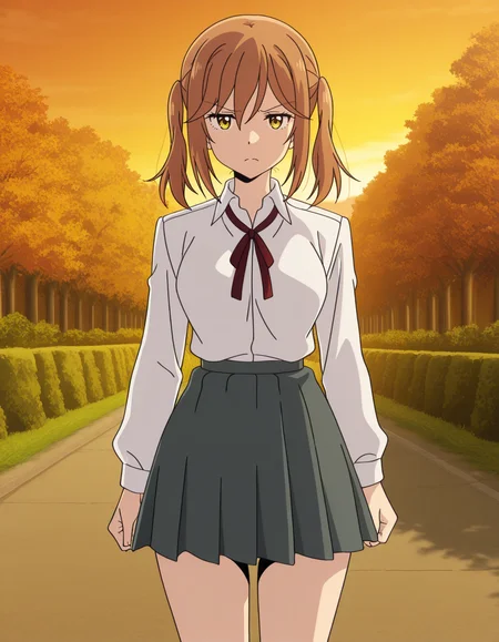 official style,an natsue,brown hair,twintails,yellow eyes,school uniform,red neck ribbon,white shirt,gray pleated skirt,(Autumn Backgrounds:1.1),(Sunset),(in the evening),(solo:1.4),
explicit,(anime screencap), 2d cel anime,anime cap,anime,anime style,anime cel,cell shaded,dutch angle,soft brightness,perfect face,perfect nose, perfect hair, perfect eyes,perfect female body,perfect skin,a face of perfect proportion,perfect lighting,perfect anatomy,perfect proportion,perfect hands,perfect legs,perfect fingers,masterpiece,hair between eyes,
medium large breasts,
best quality,very aesthetic,absurdres,16k,intricate detail,amazing quality,(bold:3.12),thick outline,black outline,harsh lines,soft lines,deluster,boldline,curvy,(anime coloring:1.2), annoyed,slim,(hat:-1),
looking at viewer,frontal face,front face,front view,straight-on,from right in front of face and body,
super fine illustration,detailed linework,vibrant colors,kawaii,flat color,outdoors, 
(pov:1.7),
<lora:è±ã¯å²ãä¿®ç¾ã®å¦ãå¤æ±æillustriousHana_wa_Saku_Shura_no_GotokuAn_Natsueillustrious-000016:1:0.8>
