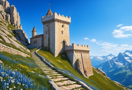 a  crusader watchtower on a (tall rock spire),  (13th Century:1.5), a stairway to the keep, doorway, very wide shot, far out shot, fantasy, blue sky, alpine meadow flowers, best quality, masterpiece, realistic, photo-realistic, amazing, finely detail, ultra-detailed, highres, extremely detailed, 8k wallpaper