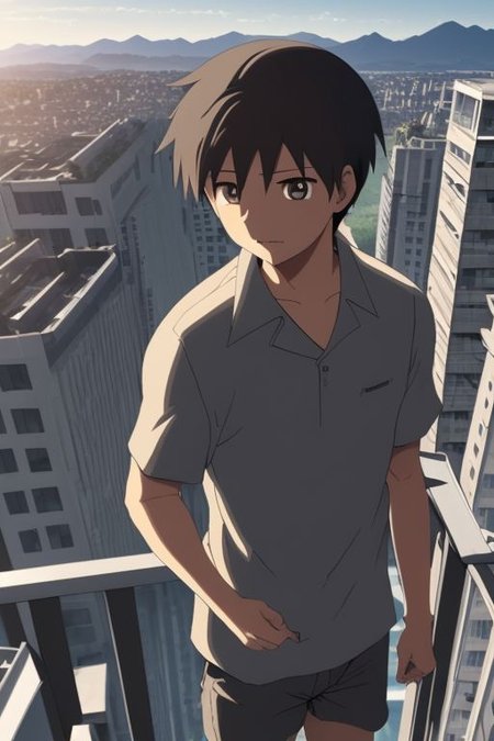 high resolution, solo, best quality, 1Boy, Takaki Toono, Brownish Hair, Brown Eyes, high-rise, top of building, landscape, shallow depth of field, OverallDetail