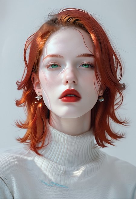 score_9, score_8_up, score_7_up, BREAK, ctdrm, dreamy, 1girl, solo, helencollins, jewelry, sweater, earrings, portrait, parted lips, lips, simple background, red lips, long hair, red hair, green eyes, pale skin, light blush, soft lighting, ethereal mood