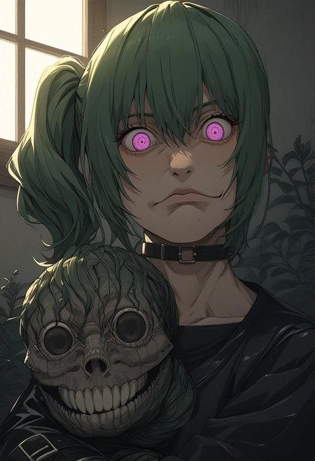 score_9, score_8_up, score_7_up, score_6_up,  <lora:p3tl0v3XLP:1> ubel, green hair, purple eyes, evil eyes, 
smirk, 
bangs, hair between eyes, side ponytail,
athletic body,
black choker, halterneck, collarbones,
pleated skirt, black sleeveless dress,
(hugging a cute Litwick, looking at viewer, latex, belt, bondage, restrained, ),
inside a chambered house full of snakes, poisonous plants,
back lighting, dramatic lighting, horror, dangerous,