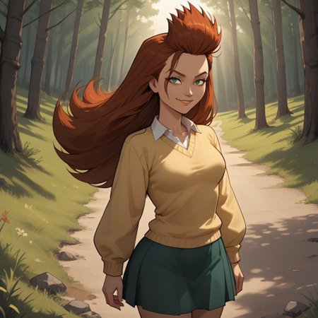 score_9, score_8, BREAK, solo, 1girl, yellow sweater, collared shirt, green skirt, white socks, black footwear, red hair, long hair, spiked hair, green eyes, breasts, total drama, Evil_Scarlett_(Total_Drama), tdpi, sexy pose, self portrait, smile, outdoors, sunlight, shadows, evening lighting, natural lighting, forest, trees, grass, orange sky, sunset