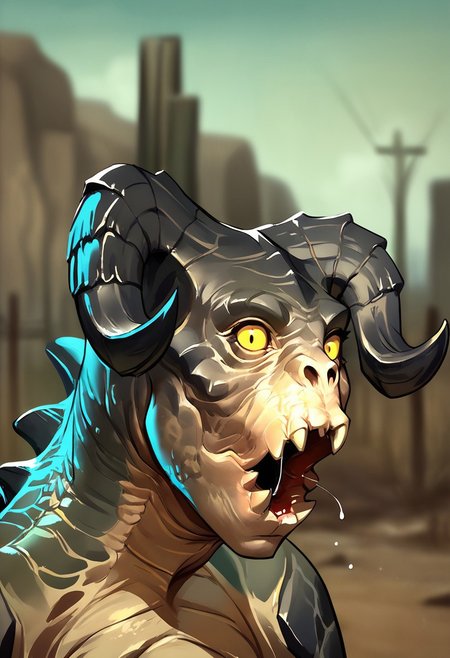 score_9_up,score_8_up,score_7_up,score_6_up,score_5_up,score_4_up, masterpiece, high quality, digital painting,  wasteland, ((blurry background)), close up, portrait, (three quarter view), deathclaw, monster, creature, scales, textured skin, horns, sharp teeth, claws, three toes, tail, spikes, back spikes, yellow eyes, pog, pogface, pog face, open mouth, portrait, looking at viewer,drool