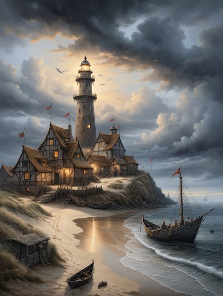 oil painting, A dreamy medieval fishing village on the coast,  34K uhd, masterpiece, high detail, 8k, intricate, detailed, high resolution, high res, high quality, <lora:add-detail-xl:1.8>, highly detailed, Extremely high-resolution details, fine texture,