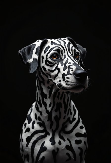 Hyperrealistic close-up portrait of a Dalmatian dog with striking, artificially painted geometric patterns. The dog's face and upper body are covered in bold, precise white stripes and shapes against its natural black fur, creating a mesmerizing optical illusion. The pattern features straight lines, right angles, and symmetrical designs reminiscent of tribal or futuristic art.
The dog's alert, intelligent eyes stand out against the black and white contrast, conveying a sense of curiosity and mild confusion. Its ears are perked up, adding to the attentive expression. The dog's nose is shiny and black, perfectly centered in the composition.
Shot against a pure black background, the lighting is dramatic and high-contrast, emphasizing the stark black and white patterns. The illumination highlights the texture of the dog's short fur and the glossiness of its eyes.
Every detail is captured with precision: individual hairs, the subtle variations in the dog's skin texture, and the crisp edges of the painted patterns. The image is composed as a head and shoulder shot, filling the frame with the dog's uniquely adorned face and upper body.
The overall effect is a striking blend of nature and artificial design, creating an image that is both familiar and surreal, captured with the clarity and depth of a high-end fashion or wildlife photograph.