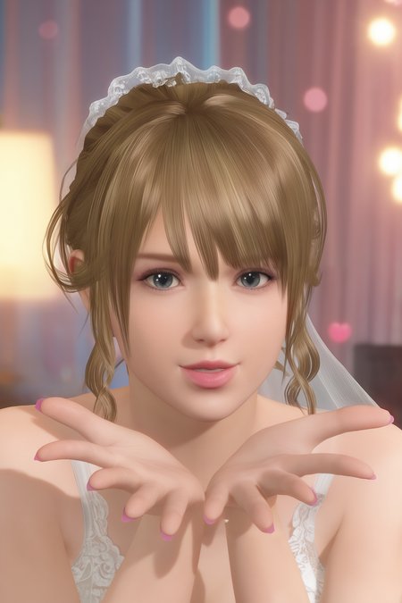 score_9,score_8,score_7_up,best quality,high detailed,realistic,  monica \(doaxvv\), 1girl, solo,grey eyes, blonde hair, swept bangs, wavy ponytail, wavy sidelocks, ((monica blowing kiss)), hands up, spread fingers, looking at viewer, parted lips, teeth, grey eyes, pink lips, fingers,upper body,from side,foreshortening,   flowing white wedding dress, delicate lace details, sheer veil fluttering, natural makeup with rosy lips,  warm golden-hour sunlight,dreamy bokeh in the background,            <lora:doa_monica_pdxl_v11:0.8500000000000002>