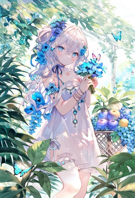 score_9, score_8_up, score_7_up, score_6_up, <lora:oninekoXL_TPN55_lokr_V43P1:0.95>   1girl, flower, solo, bug, hair ornament, dress, butterfly, blue eyes, hair flower, long hair, looking at viewer, white dress, holding, bare shoulders, hair between eyes, blue flower, fruit, white hair, strapless, strapless dress, water drop, food, standing, collarbone, blush, blue butterfly, closed mouth, choker, ribbon, jewelry, leaf, bridal garter, feet out of frame, plant, blue ribbon, sleeveless dress, holding flower, bracelet, sleeveless