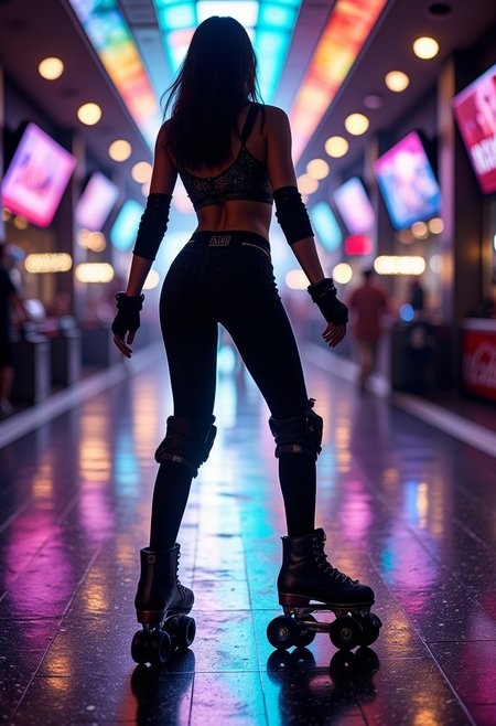 vibrant reflective holographic drawing in the style of ckhg, oriental female disco roller-blader, skin-tight top, hotpants, thigh-high stockings, in-line roller skates, silhouetted, chiascuro, god rays, directional lighting