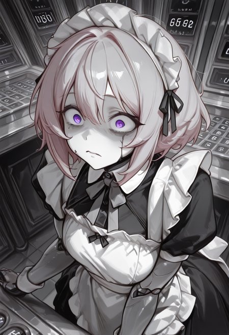 masterpiece,best quality,amazing quality,very aesthetic,absurdres,ultra detailed face,ultra detailed eyes,   <lora:lerapi_ill:1>, <lora:MoriiMee_Gothic_Niji_Style_Illustrious_r1:1>, lerapi, artist:moriimee ,  (pencil_sketch_anime), monochrome, black_and_white, , sad expression , <lora:CivChan:1> , 1girl, CivChan, pink hair, purple eyes, maid, maid headdress, apron, dress, maid apron, short hair, black dress, broken, blood, messy hair, crazy eyes, white apron, android, manic, black dress , cryptocurrency casino, digital gambling palace, NFT betting tables, blockchain lottery, crypto slot machines, digital roulette, token trading frenzy, wealth fluctuation spectacle, high-risk investment atmosphere