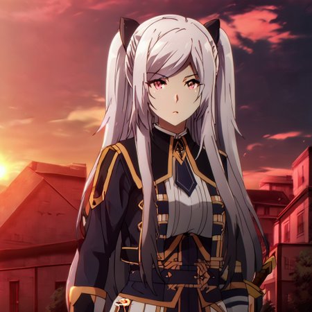 Black hair ribbon, gray hair, long hair, twintails, red eyes, large breasts, two side up, single hair bun, ponytail, wearing a shiny silver knight's armor with intricate engravings, holding a sword, standing on a battlefield at sunset, dark clouds in the sky, dramatic and intense atmosphere