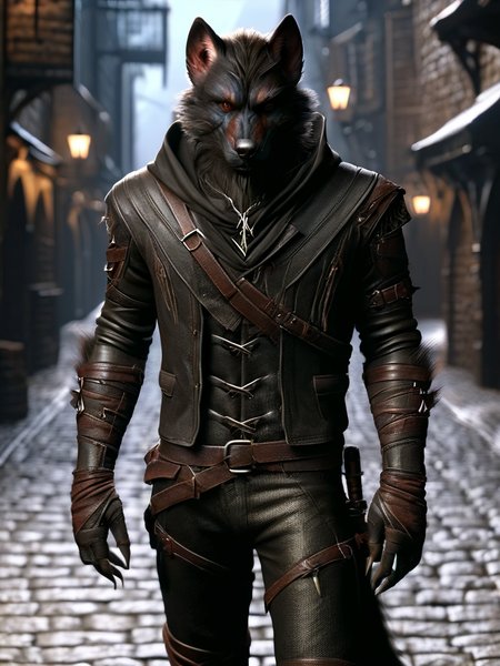 worgen, male worgen, assassin worgen, assassin clothing, in a leather outfit, in medieval street<lora:wowrgen-sdxl:1>