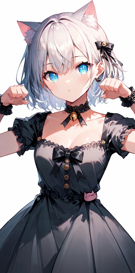 score_9, score_8_up, score_7_up,source_anime, high res image,masterpiece,best quality,girl,cute face,clear skin,shiny hair,ultra detailed eyes,simple background,  <lora:chocker_pony_V1.0:0.8> choker,bell,cat girl,dress,cat pose