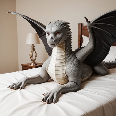 score_9, score_8_up, score_7_up, score_6_up, score_5_up, score_4_up, masterpiece, high quality, realistic, detailed, best quality, white bed, solo, rating_safe, source_furry, bedroom, smiling, seductive, ((looking at viewer, close up)), lying on belly, detailed eyes, feral, maverick_awsw, dragon, gray scales, tail, scales, claw, wings, red eyes, 1boy, male, spread wings