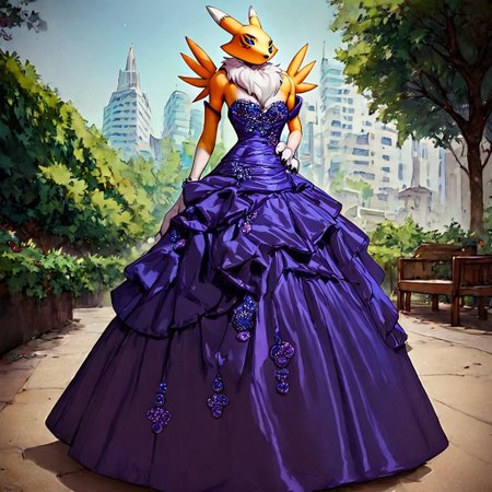 three_quarter_view ,score_9, score_8_up, score_7_up, score_6_up, score_5_up, score_4_up, source_furry, rating_explicit,
Renamon at a beautiful night ball wearing a purple colored ball gown and dancing