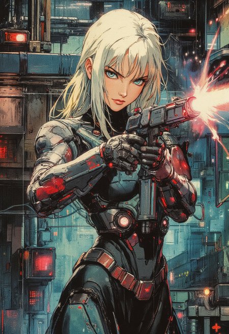 A fierce cyberpunk female warrior with long blonde hair, sharp teal eyes, and a determined expression. She is wearing a high-tech black and red armored suit with glowing red accents and cybernetic enhancements on her arms and headset. The warrior is aiming a futuristic energy weapon. The background features a dark, industrial sci-fi environment filled with metallic pipes, neon lights, and mechanical details, creating a gritty, dystopian atmosphere. The art style is detailed, dynamic, and highly stylized with a strong anime influence, focusing on intense colors and dramatic lighting