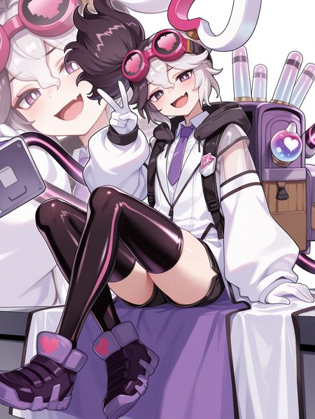 vanquish soul dr. mad love, 1girl, fang, solo, sitting, open mouth, smile, v, looking at viewer, single sleeve past fingers, skin fang, white pupils, side ponytail, extra mechanical arms, :d, backpack, white hair ornament, goggles on head, white collared shirt, white labcoat, purple necktie, single white glove, black short shorts, black thighhighs, purple sneakers, official style, zoom layer,
masterpiece,best quality,amazing quality,very aesthetic,absurdres,newest,<lora:Vanquish Soul Dr. Mad Love illusXL v1.1:0.72>,