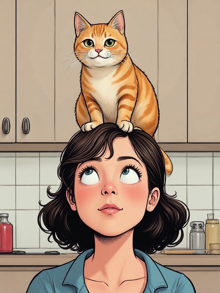 illustration, graphic novels, cat sitting on a woman's head. the woman's eyes are angled upwards at the smirking cat. simple kitchen background