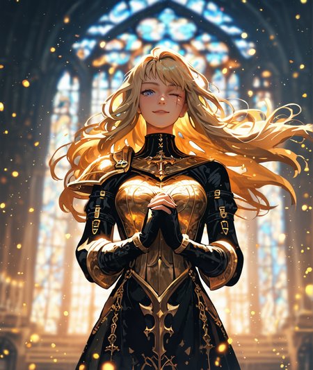 score_7_up, score_8_up, score_9,  surreal, ultra-detailed, 1 lady paladin (with blonde hair and intricate (black|golden) ornate armor) pray with hands clasped together before body, abandoned church in background, one eye closed, dark fantasy, gothic, floating hair, light particles, golden embers, light beam, volumetric lighting, rim light, tight medium shot, depth of field