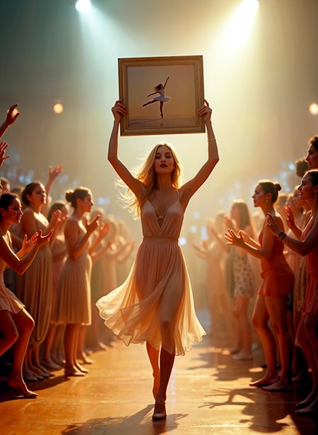 Photograph of a young woman in a white dress holding up a framed picture of a ballerina in the air. She is standing on a stage with a group of dancers on either side of her, all of them clapping and cheering. The background is blurred, but it appears to be a dance studio with bright lights shining down on the stage. The woman has long blonde hair and is looking up at the frame with a confident expression on her face. The overall mood of the image is joyful and celebratory. <lora:add-detail-xl:.5>  <lora:Flux-style-xl-lora:.5>