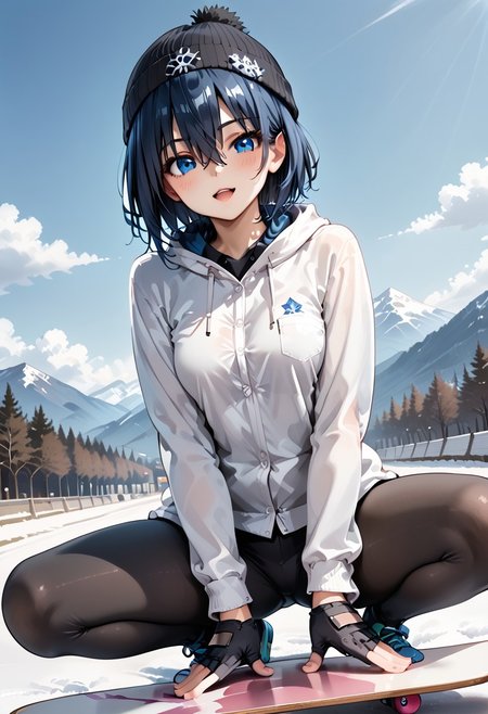 score_9, score_8_up, score_7_up, score_6_up, score_9, score_8_up, kaede (1girl, blue eyes, dark blue hair, blush, big tits, hair between eyes, short hair).
riding a snowboard, dynamic pose, (smirk:0.9), (open mouth:0.9), cute, beanie, gloves, snowboarding, leaning back, (snowboard:1.1), slope, at snowy mountain, day, sharp focus, looking at viewer, from below, motion blur, depth of field, (intricate:1.1), (white tone:1.1), (pale blue tone:0.9), (white atmosphere:1.1), llustration, (anime coloring:1.1), high contrast, (masterpiece:1.2), (best quality:1.2), (very aesthetic:1.2), (absurdres:1.2), (detailed background), newest, ai-generated, (intricate details:1.2).