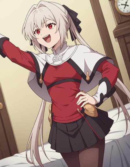 score_9, score_8_up, score_7_up, source_anime, <lora:lynneburg-clays-s1-ponyxl-lora-nochekaiser:1>, lynneburg clays, long hair, red eyes, twintails, grey hair, hair intakes, hair ribbon,, pantyhose, capelet, white capelet, dress, red dress, long sleeves, skirt, black skirt, pleated skirt,, bedroom, alarm clock, morning routine, yawning, stretching, on bed,, smile, , smug, hands on hips,, solo,, cowboy shot, dutch angle
