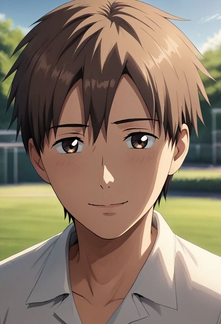 high resolution, solo, best quality, 1Boy, Takaki Toono, Brownish Hair, Brown Eyes, Looking at viewer, happiness, depth of field, half body, outdoor, OverallDetail