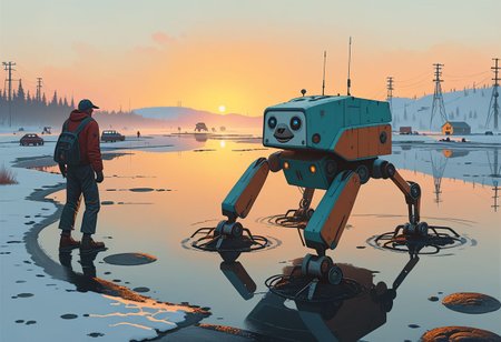 Cinematic, shot.
Dynamic view of an ancient goofy 12m tall disturbing (smiling) Sloth-shaped robot (and a man in front of it) in Simon Stalenhag's style from a futuristic era, at dusk hour with very long and realistic projected shadows, detailed frame, painting looks to be life like, on the ground, magical multicolored ink, high quality, imagination, fantasy art, vivid magical colors.
The shot takes place near an highway.
The robot is trying to cross an iced lake walking on four legs.
Many details everywhere. Ray-Tracing. Anti-Aliasing. Realistic reflections. Realistic soft shadows.
Slightly desaturated colors. 
Insane quality. Insane resolution. Insane details. Masterpiece.
16k resolution
By Simon Stalenhag.