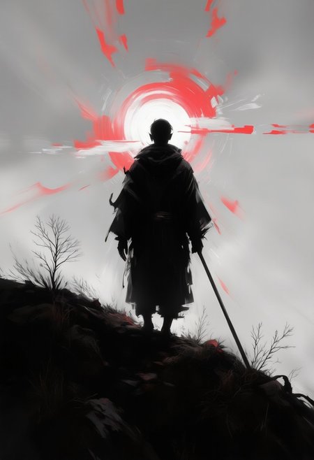 aidmaimageupgrader, monki, hill, back view stave, shadow, silhouette, black and white, monochrome, red accents, dramatic lighting, atmospheric, foggy background, japanese culture, minimalist, moody, contrast, sunset glow, isolated figure, reflective pose,pscho_4rt