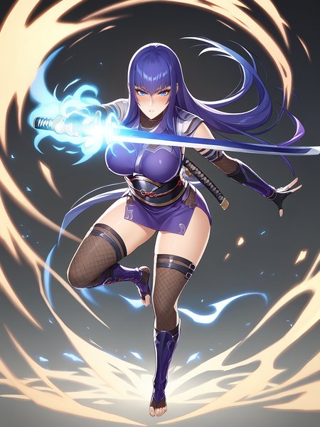 score_9, score_8_up, score_7_up, score_6_up, score_5_up, vivid, sidelighting, volumetric lighting, cinematic, 5 fingers,
Yukishiro Misao, 1girl, holding sword, katana, fighting stance, dynamic pose, full body,
looking at viewer, blush, kubrick stare, parted lips,
long hair, purple hair, blue hair, blue eyes,
ninja, black armor, purple dress, short dress, elbow gloves, fingerless gloves, fishnet gloves, vambraces, knee boots, toeless footwear, fishnet socks,
curvy, large breasts,
black background, aura, windy, battle stance, epic, official art,
<lora:Yukishiro Misao3216PDXL:1>