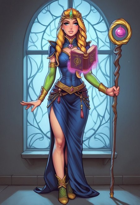 1girl, (((front view))), from front, solo, illustration, comic style, highly detailed, skinny, model body, looking at viewer, masterpiece, best quality, 1girl, masterpiece, best quality, fayenchantress, 1girl, solo, blonde hair, long hair, blue eyes, (young beauty, fit body:1.3), ((((magic shining orb in staff right hand, clothed book in left hand)))), ((((magic clothes))))
<lora:FayEnchantress:0.9>
BREAK 
(((dark magic Observatory inside, night sky in window:1.6)))) score_9, score_8_up, score_7_up, score_6_up, source_cartoon, rating_explicit, Expressiveh, ((((full body))))), dynamic pose
