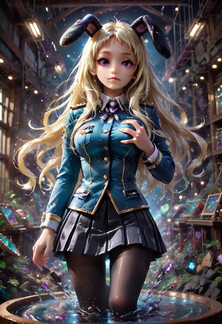 best quality, masterpiece, ultra-detailed,1 girl.  yomozuki runa, blonde hair, purple eyes, long hair, uniform, kigurumi, black animal ears, 
BREAK anthropomorphic , shaking legs, in heat, o-face, Sexy pose, exposing breast, dynamic viewing angle, cowboy shot, playful lighting