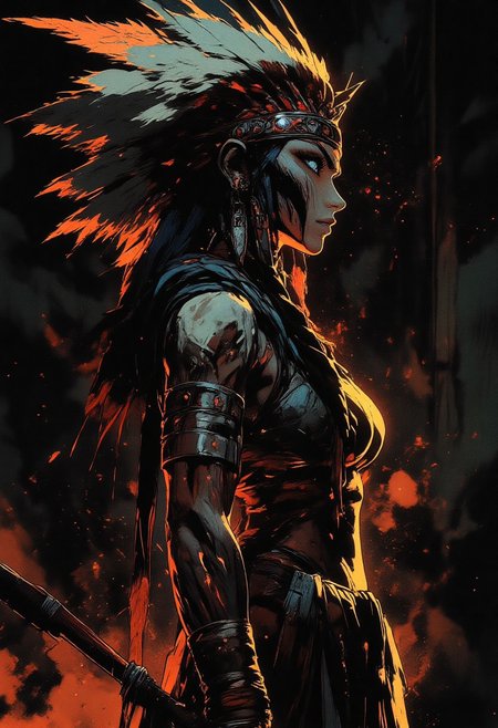 Female aztec warrior, tribal, wolf headdress, spirit energy, energies flowing, war paint, face paint, eye black, glowing eyes, in profile, toned arms, braided hair, large breasts, dark and moody background, adds a dramatic tone, subtle lighting reflections, ray traced, foreshortening, particle effect, Holding a sword,