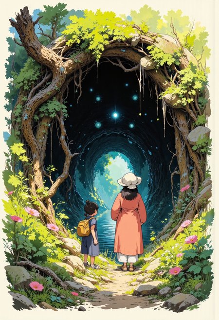 Create a beautifully detailed sketch capturing a fantastical and mystical world infused with lightness and wonder. The style should feature clean, expressive black outlines and luminous colors, reminiscent of high-quality Japanese animation. Use a harmonious palette of soft pastels and vibrant natural tones—golden yellows, delicate greens, sky blues, and coral pinks—balancing light and shadow to create a bright, airy atmosphere. The world should feel alive, with intricate details woven into the environment, evoking magical realism grounded in a believable, everyday setting.
Characters, rendered in a realistic yet approachable style, should exude depth and personality. Their natural, emotive expressions should reflect the complexities of their stories and themes. The atmosphere is fairytale-like yet profound, blending whimsical, otherworldly elements with grounded, meaningful subjects. The focus will be on a specific subject—The children discover the hidden entrance to Totoro’s lair, vines and roots forming an arched gateway. Dappled sunlight filters through the canopy above, illuminating their awe-struck faces as they step into the magical, earthy hollow—crafted to integrate seamlessly into the scene, while surrounding details evoke wonder and introspection. The composition radiates creativity, immersing the viewer in a serene, richly layered universe.
ghiblistyle