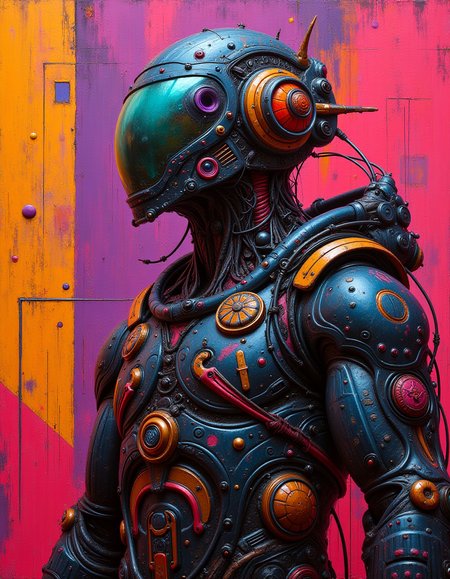 colorfull oil painting, sharp focus, biopunk and dark fantasy and retrofuturism.
saturated dirt color background.
geometric shapes on background.
in the style Gerald Brom and Joseph Cross.
The painting features dark tones, high contrast, clean lines, high resolution, and high detail. <lora:alien_landscape_flux:1>