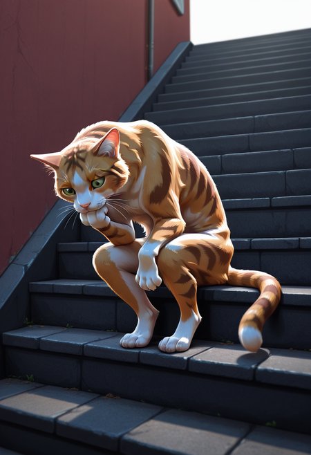 masterpiece, high quality, th1nk3r, no humans, animal focus, cat, tail, feral, solo, cowboy shot, sitting, head rest, leaning forward, street, stairs,