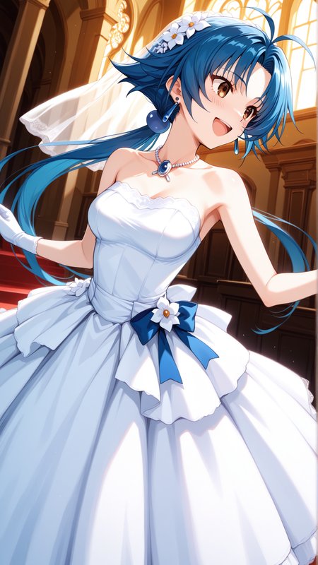 source_anime, general, best quality, masterpiece, 1girl,  <lora:Aria_Advance_ill_v1.1:1> aria_advance\(srw\), brown eyes, blue hair,medium breasts,long hair,low ponytail , jewelry,earrings,wedding dress,chapel, happy, (embarrassed:0.8),  dynamic pose, dutch angle,
