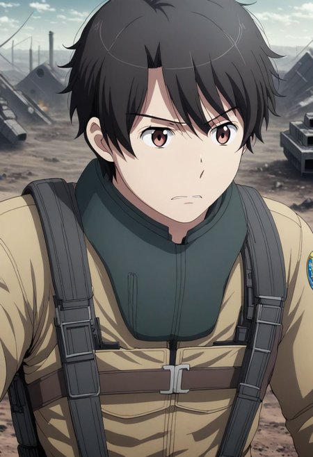 high resolution, solo, best quality, 1Boy, Inaho Kaizuka, Black Hair, military, action, OverallDetail
