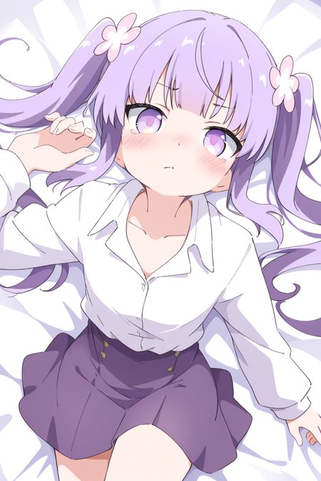 masterpiece, best quality, amazing quality,
 <lora:Cynical_IL:1> cynical, 1girl, purple eyes, twintails, solo, shirt, long hair, looking at viewer, purple hair, skirt, white shirt, hair ornament, blush, long sleeves, closed mouth, hair flower, flower, collarbone, from above, lying, bangs, collared shirt