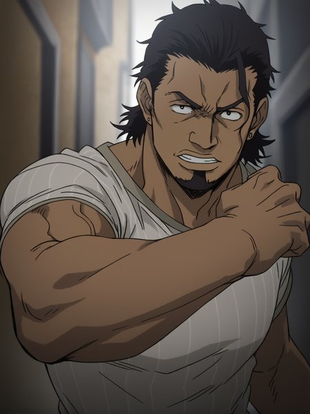 1boy, arnold_gangsta, black hair, dark_skin,  tight_striped_t-shirt, Curly hair,medium hair, goatee beard, veiny arms,score_8_up, score_7_up, score_6_up, score_9_up, (manly), (muscular), stocky body, (big muscle), (big arms), middle-age man, centered,looking at viewer, abs_focus, First-person perspective, pov, detailed eyes, 8k uhd, high quality, anime color,  alley, fighting pose, <lora:Arnold:0.6>, <lora:umikochannartv2:0.6>,