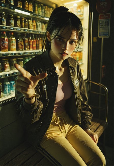 mwv7_alpha_v01,
1girl, solo, (freckles:0.8), high_ponytail, pink tank_top,  bracelet, bus_stop, vending_machine,  night, vegetation, yellow sweatpants, bomber_jacket,  sitting_on_bench, sidelighting, hair_over_one_eye, looking_at_viewer, pointing_at_viewer, pouty_lips, disgust, analog_film, cinematic light, masterpiece, best quality, good quality